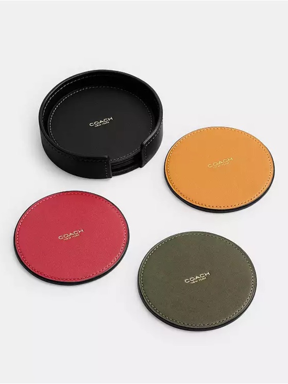Coach Coasters & Holder 6 Piece Boxed Set in Multi Glovetanned Leather NWT